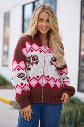 Ariana Brown And Pink Rose Fair Isle Full Zip Sweater SALE