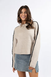 In and Out Taupe and Black Contrast Stitch Sweater FINAL SALE