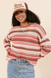 Raelyn Brown Striped Open Knit Sweater