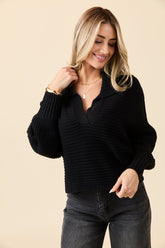 Grace Black Notch Neck Pullover Sweater SALE