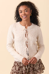 Everly Light Beige Front Ties Textured Knit Cardigan