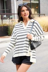 Jurnee Ivory and Black Striped V-Neck Sweater