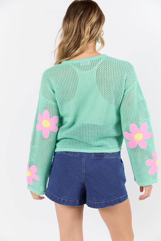 Follow You Around Mint And Pink Flower Embroidered Sweater FINAL SALE