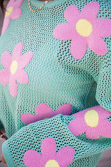 Follow You Around Mint And Pink Flower Embroidered Sweater FINAL SALE