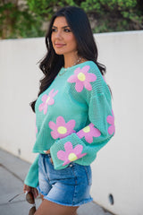 Follow You Around Mint And Pink Flower Embroidered Sweater FINAL SALE