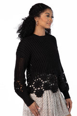 A Little Dramatic Black Flower Trim Crochet Sweater FINAL SALE