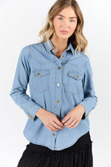 Gussied Up Yoke Detail Chambray Button Down Shirt FINAL SALE