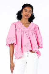 No Regrets Pink Eyelet Detail Popover Short Sleeve Blouse FINAL SALE