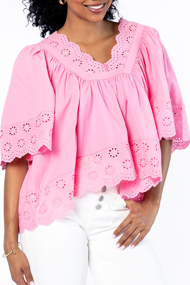 No Regrets Pink Eyelet Detail Popover Short Sleeve Blouse FINAL SALE