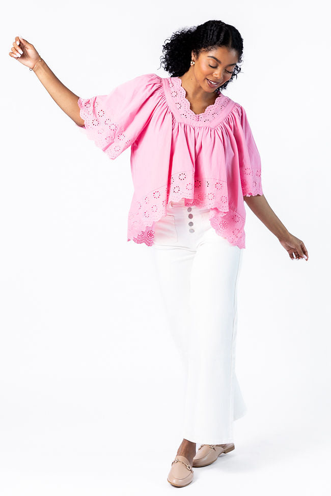No Regrets Pink Eyelet Detail Popover Short Sleeve Blouse FINAL SALE