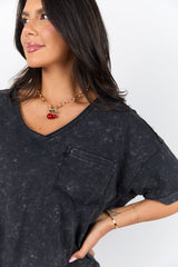 When We Meet Black Oversized Acid Wash V-Neck Tee FINAL SALE