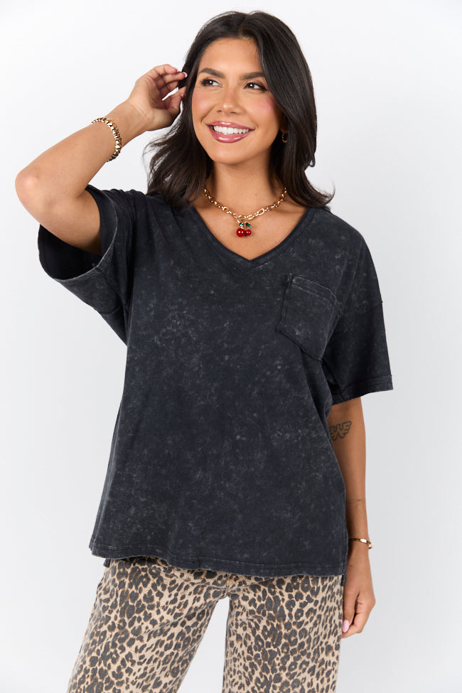 When We Meet Black Oversized Acid Wash V-Neck Tee FINAL SALE