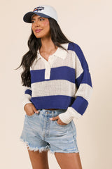 Zebb Long Sleeve Navy Blue Striped Open Knit Sweater FINAL SALE