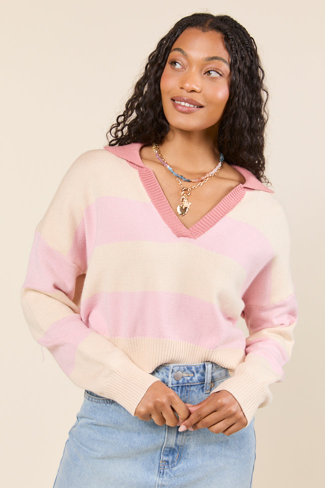 Hibiscus Pink and Cream Striped Collared V-Neck Sweater SALE