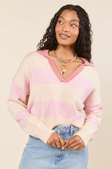 Hibiscus Pink and Cream Striped Collared V-Neck Sweater SALE