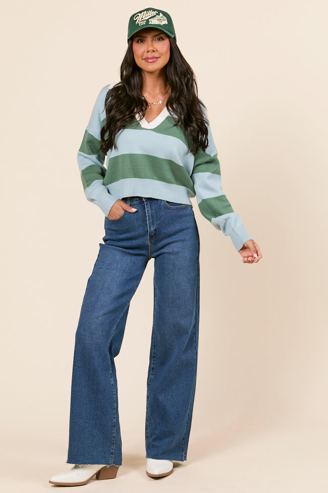 Hibiscus Blue and Green Striped Collared V-Neck Sweater