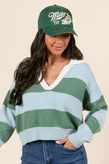 Hibiscus Blue and Green Striped Collared V-Neck Sweater