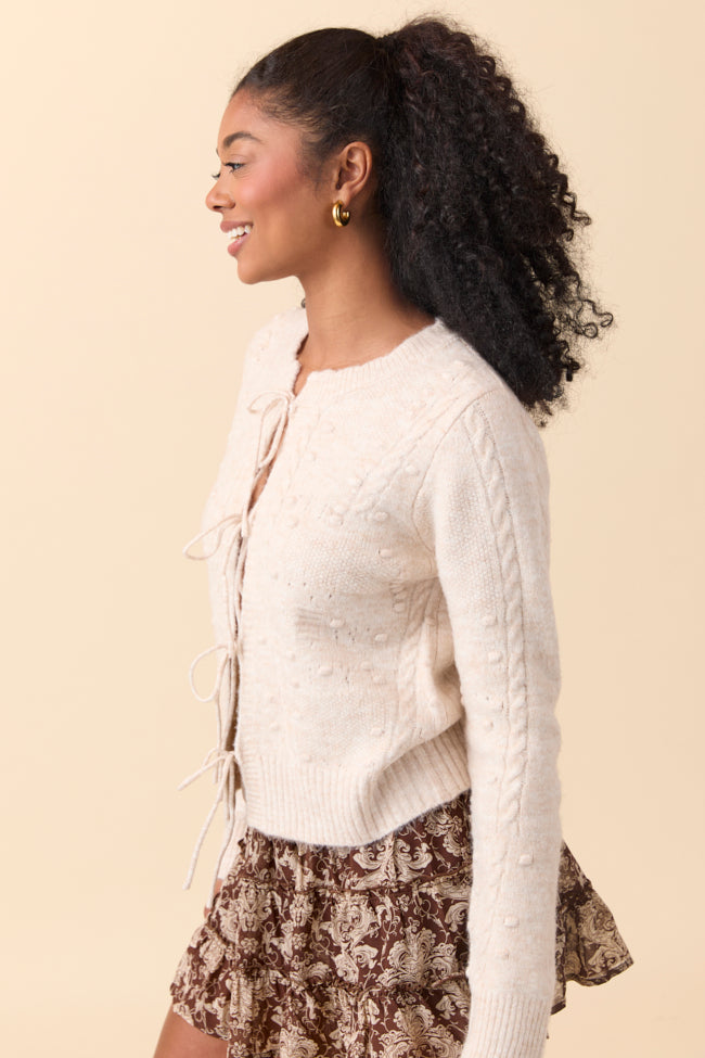 Everly Light Beige Front Ties Textured Knit Cardigan