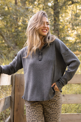 Leaf Your Worries Black Acid Washed Waffle Collared Top