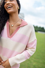 Hibiscus Pink and Cream Striped Collared V-Neck Sweater SALE