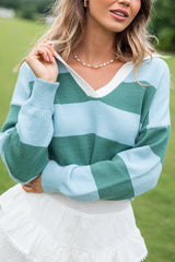 Hibiscus Blue and Green Striped Collared V-Neck Sweater