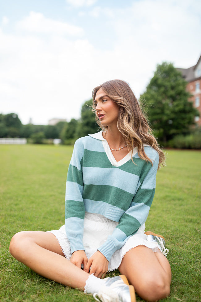 Hibiscus Blue and Green Striped Collared V-Neck Sweater