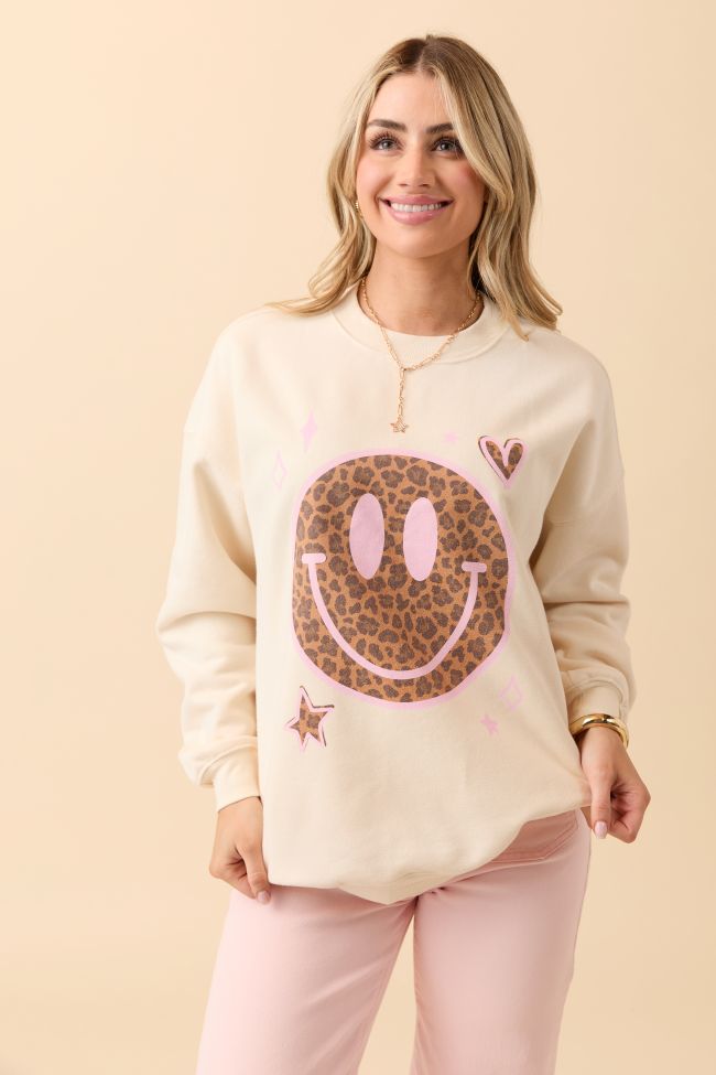 Leopard Smiley Face Cream Graphic Sweatshirt