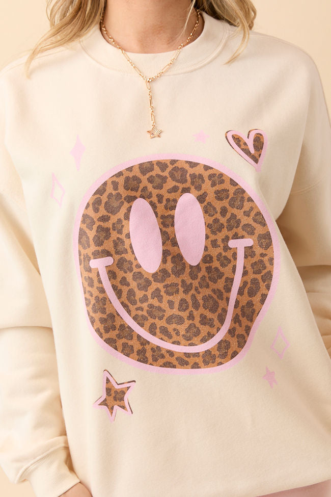 Leopard Smiley Face Cream Graphic Sweatshirt