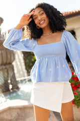 Darling Days Blue Floral Embroidered Gauze Top FINAL SALE