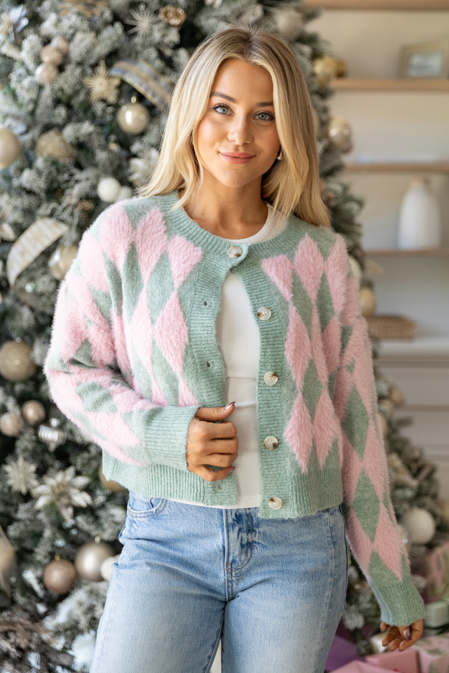 Peyton Long Sleeve Pink and Mint Argyle Cardigan SALE