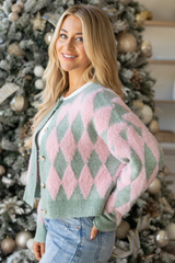 Peyton Long Sleeve Pink and Mint Argyle Cardigan SALE