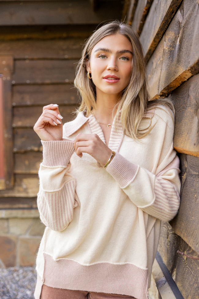 Think About It Cream and Mauve Collared Oversized Sweater
