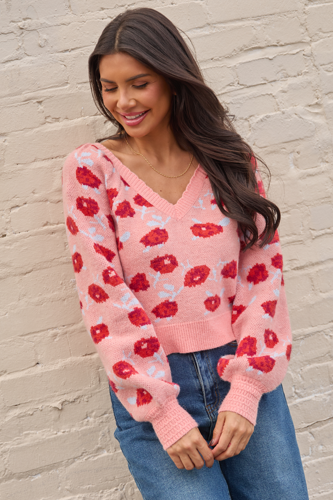 Amara Long Sleeve Blush Floral V Neck Sweater SALE