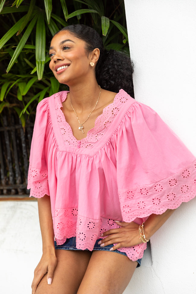 No Regrets Pink Eyelet Detail Popover Short Sleeve Blouse FINAL SALE