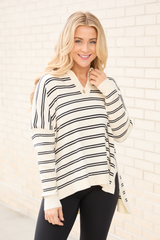 Jurnee Ivory and Black Striped V-Neck Sweater