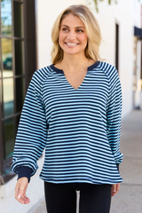 Harlee Blue Stripe V-neck Striped Waffle Knit Top SALE