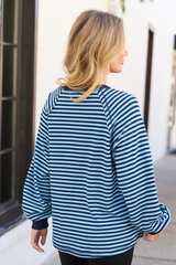Harlee Blue Stripe V-neck Striped Waffle Knit Top SALE
