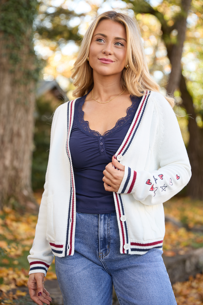 Brie Striped Trim Varsity Long Sleeve Cardigan FINAL SALE