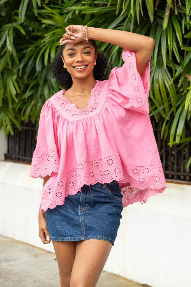No Regrets Pink Eyelet Detail Popover Short Sleeve Blouse FINAL SALE